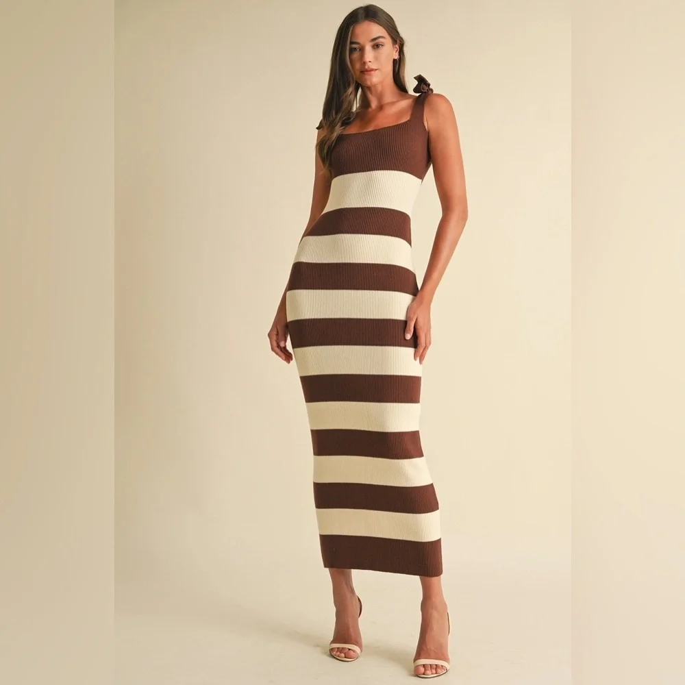 Endless Blu Shoulder Tie Stripe Sweater Knitted Midi Dress - Picture 1 of 4